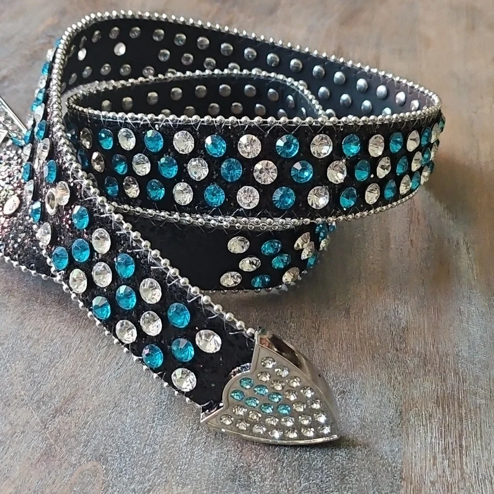 NWT Western Black Glitter and Turquoise Rhinestone Studded Belt